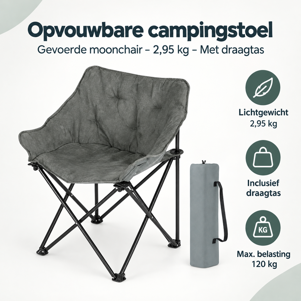 Opvouwbare campingstoel van BukkitBow met voering, draagtas en lichte constructie, ideaal voor kampeeravonturen