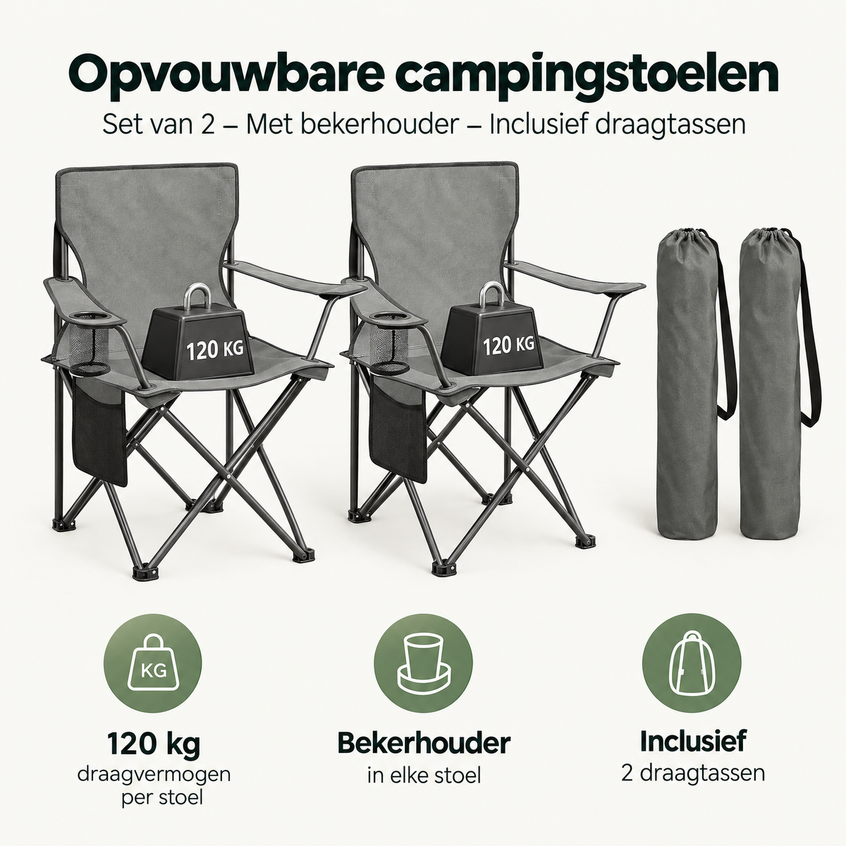 Set van 2 opvouwbare campingstoelen van BukkitBow met bekerhouder en draagtas, ideale zitoplossing voor outdoor activiteiten
