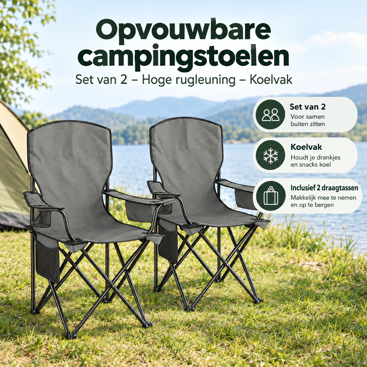 Set van 2 opvouwbare campingstoelen van BukkitBow met hoge rugleuning en koelvak, geschikt voor kampeerplezier.