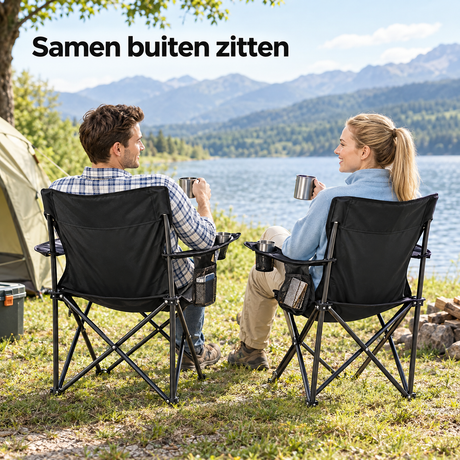 Set van 2 opvouwbare campingstoelen van BukkitBow met bekerhouders en draagtas, ideaal voor outdoor gebruik.