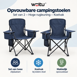 Set van 2 opvouwbare campingstoelen van BukkitBow met hoge rugleuning en koelvak, ideaal voor kampeeravonden en outdoor gebruik.