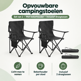 Set van 2 opvouwbare campingstoelen van BukkitBow met bekerhouders en draagtas, geschikt voor kamperen en buitengebruik.