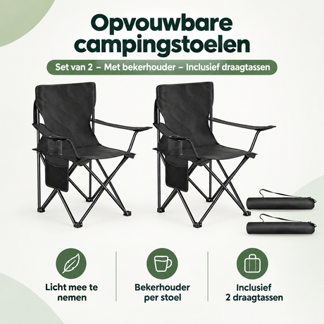 Set van 2 opvouwbare campingstoelen van BukkitBow met bekerhouders en draagtas, geschikt voor kamperen en buitengebruik.