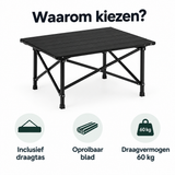 BukkitBow opvouwbare campingtafel met oprolbaar blad en draagtas, afmetingen 104x69x70 cm, ideaal voor kamperen en outdoor gebruik.