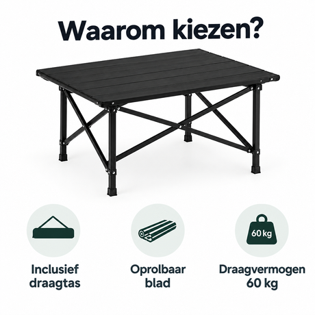 BukkitBow opvouwbare campingtafel met oprolbaar blad en draagtas, afmetingen 104x69x70 cm, ideaal voor kamperen en outdoor gebruik.