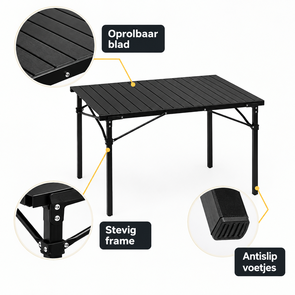 BukkitBow opvouwbare campingtafel met oprolbaar blad en draagtas, afmetingen 104x69x70 cm, geschikt voor kamperen.