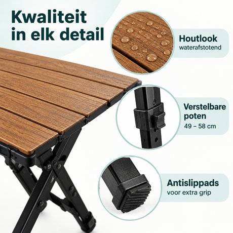 Opvouwbare campingtafel van BukkitBow met houtlook, verstelbaar in hoogte van 49 tot 58 cm, 92 x 60 cm, geschikt voor kamperen.