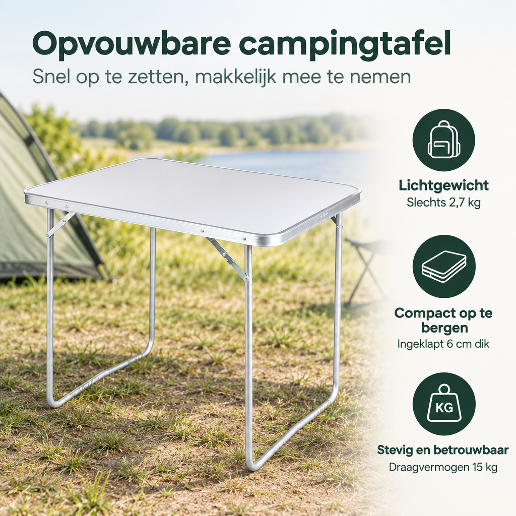 Opvouwbare campingtafel van BukkitBow met afmetingen 80x60x70 cm en draagvermogen tot 15 kg, lichtgewicht en handig voor kamperen.