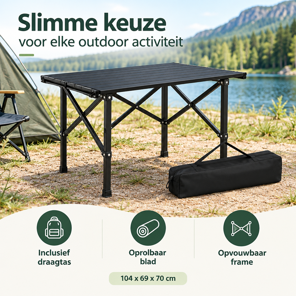 BukkitBow opvouwbare campingtafel met oprolbaar blad en draagtas, afmetingen 104x69x70 cm, ideaal voor kampeerplekken.