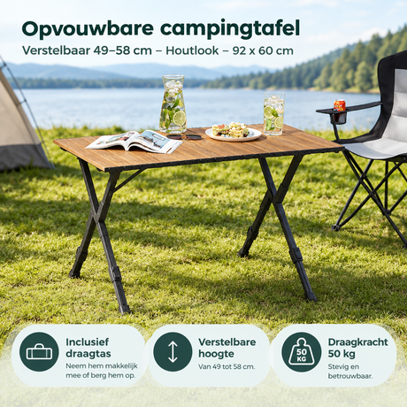 Opvouwbare campingtafel van BukkitBow met houtlook, verstelbaar van 49 tot 58 cm, 92 x 60 cm, ideaal voor outdoors.