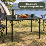 BukkitBow opvouwbare campingtafel met oprolbaar blad en draagtas, afmetingen 104x69x70 cm, geschikt voor outdoor gebruik