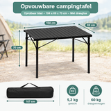 BukkitBow opvouwbare campingtafel met oprolbaar blad en draagtas, afmetingen 104x69x70 cm, geschikt voor outdoor gebruik.