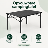 BukkitBow opvouwbare campingtafel met oprolbaar blad, afmetingen 104x69x70 cm en draagtas, geschikt voor kampeergebruik.
