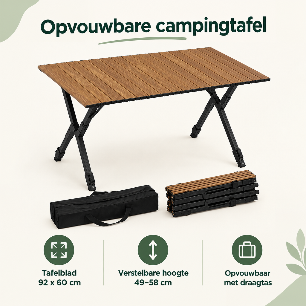Opvouwbare campingtafel van BukkitBow met houtlook, verstelbaar van 49 tot 58 cm, 92 x 60 cm, geschikt voor kampeerplekken