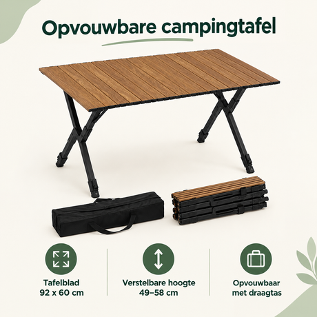 Opvouwbare campingtafel van BukkitBow met houtlook, verstelbaar van 49 tot 58 cm, 92 x 60 cm, geschikt voor kampeerplekken