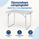 Opvouwbare campingtafel van BukkitBow, 80x60x70 cm, lichtgewicht, draagkracht 15 kg, ideaal voor kampeerplezier.