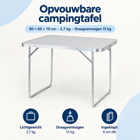 Opvouwbare campingtafel van BukkitBow, 80x60x70 cm, lichtgewicht, draagkracht 15 kg, ideaal voor kampeerplezier.