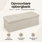 Opvouwbare opbergbank van BukkitBow, 110 cm lang, 118 liter capaciteit, tot 300 kg belastbaar, overzicht van kernvoordelen.