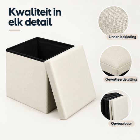 Detail van materiaal en afwerking van opvouwbare opbergpoef