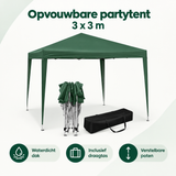 Overzicht van opvouwbare partytent 3x3 met de belangrijkste productvoordelen