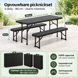 Opvouwbare picknickset van BukkitBow, 3-delig met zwarte rotanlook, inklapbare tafel en stoelen, 180 cm lang.