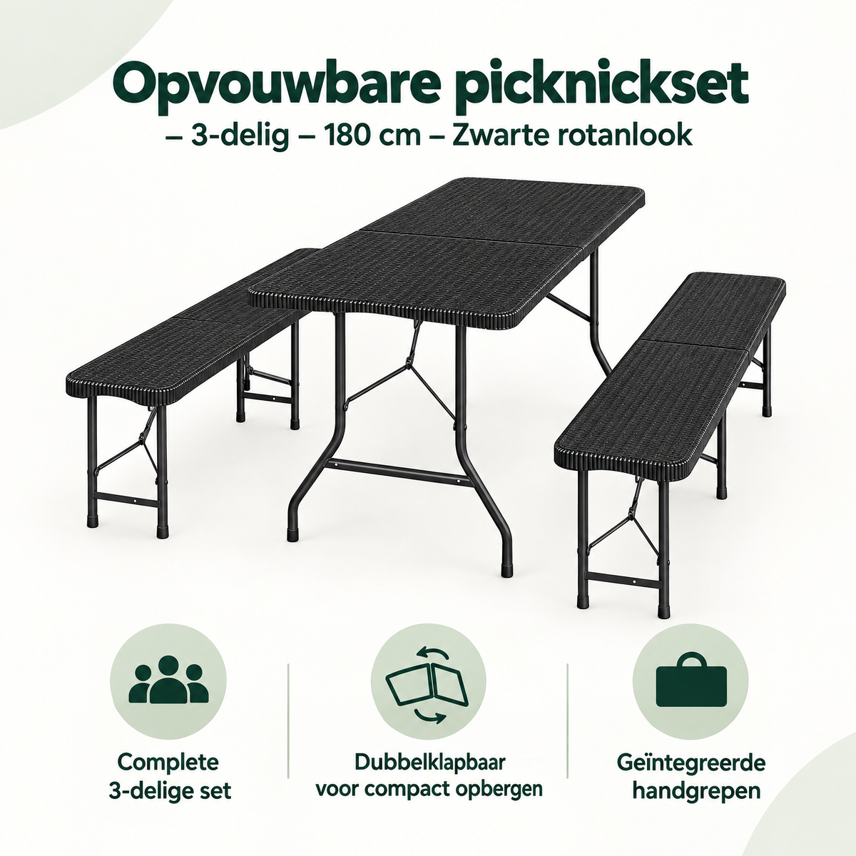 Opvouwbare picknickset van BukkitBow, 3-delig, met zwarte rotanlook en 180 cm lang, ideaal voor buiten picknicks en ontspannen zitjes.