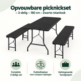 Opvouwbare picknickset van BukkitBow, 3-delig, met zwarte rotanlook en 180 cm lang, ideaal voor buiten picknicks en ontspannen zitjes.