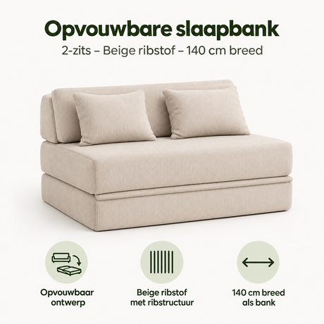 Opvouwbare 2-zits slaapbank van BukkitBow in beige ribstof, 140 cm breed, ideaal voor compacte slaap- en zitruimte.