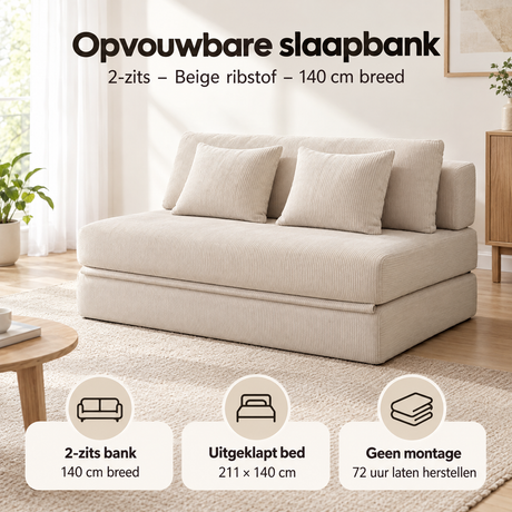 Opvouwbare 2-zits slaapbank van beige ribstof, 140 cm breed, door BukkitBow, ideaal voor praktische slaap- en zitruimte.