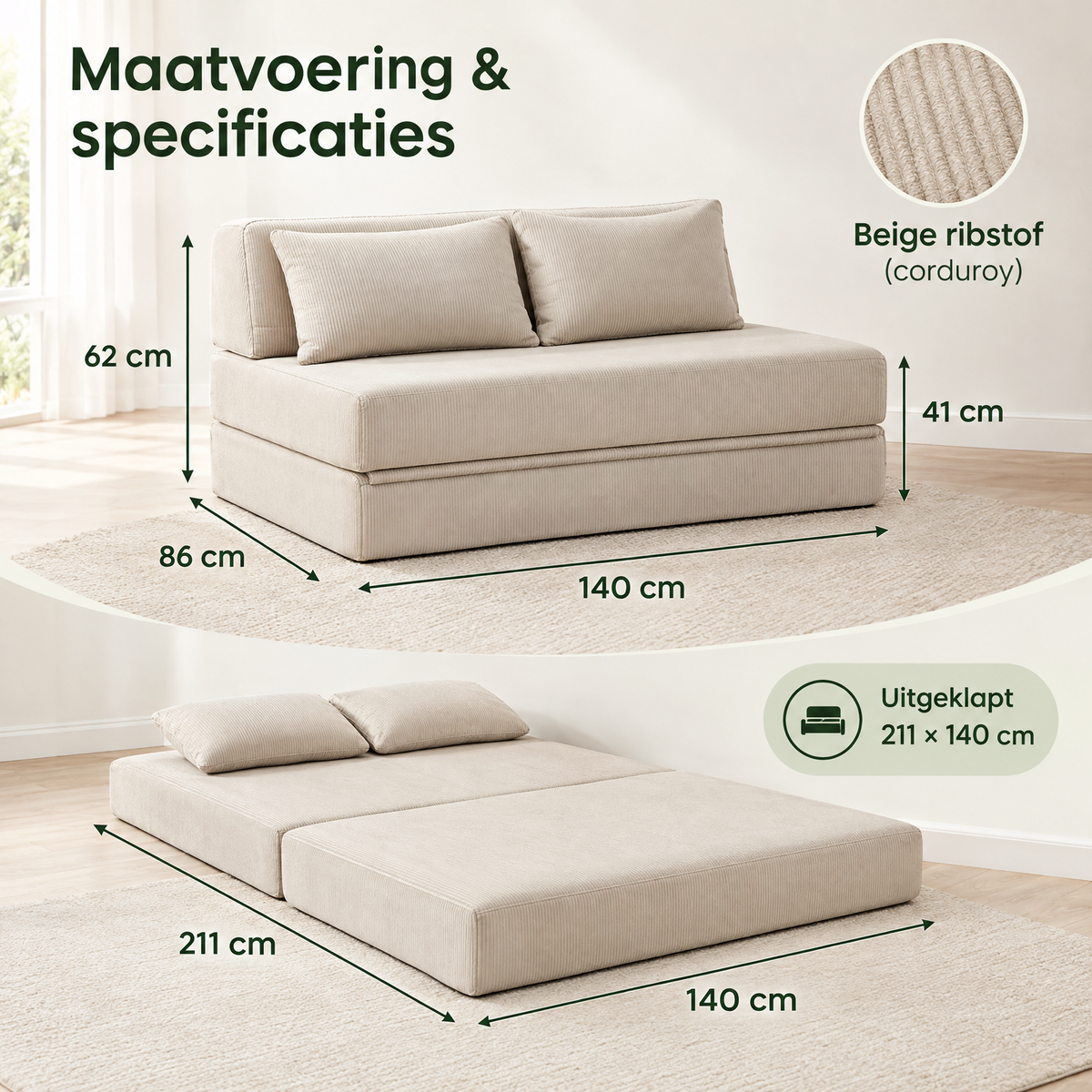 Afmetingen en productspecificaties van opvouwbare slaapbank