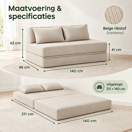 Opvouwbare 2-zits slaapbank van BukkitBow in beige ribstof, 140 cm breed, gemakkelijk op te vouwen en te gebruiken als zit- of slaapplek.