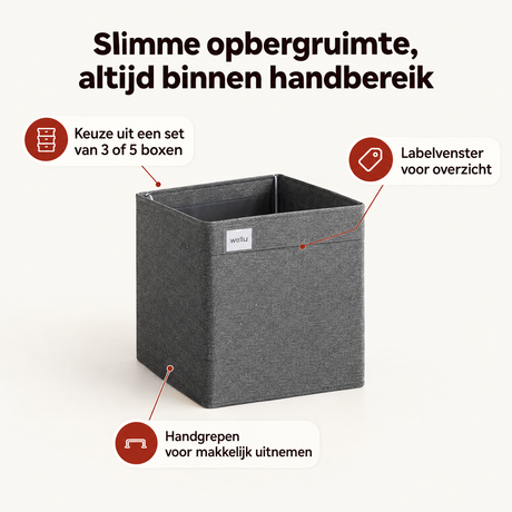 Set van 3 of 5 grijze opvouwbare stoffen opbergboxen met labelvenster van BukkitBow voor georganiseerde opbergruimte