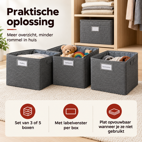 Set van 3 of 5 grijze opvouwbare stoffen opbergboxen van BukkitBow met labelvenster voor overzichtelijk opbergen.