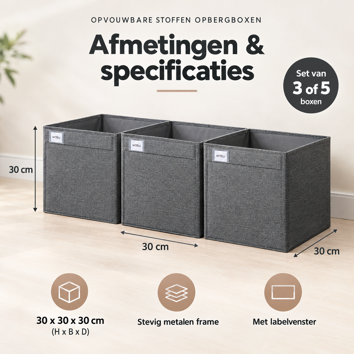 Set van 3 of 5 opvouwbare stoffen opbergboxen van BukkitBow in grijs met labelvenster voor overzichtelijke opslag