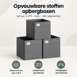 Set van 3 of 5 grijze stoffen opbergboxen van BukkitBow met labelvenster, opvouwbaar en ideaal voor organiseren van spullen.