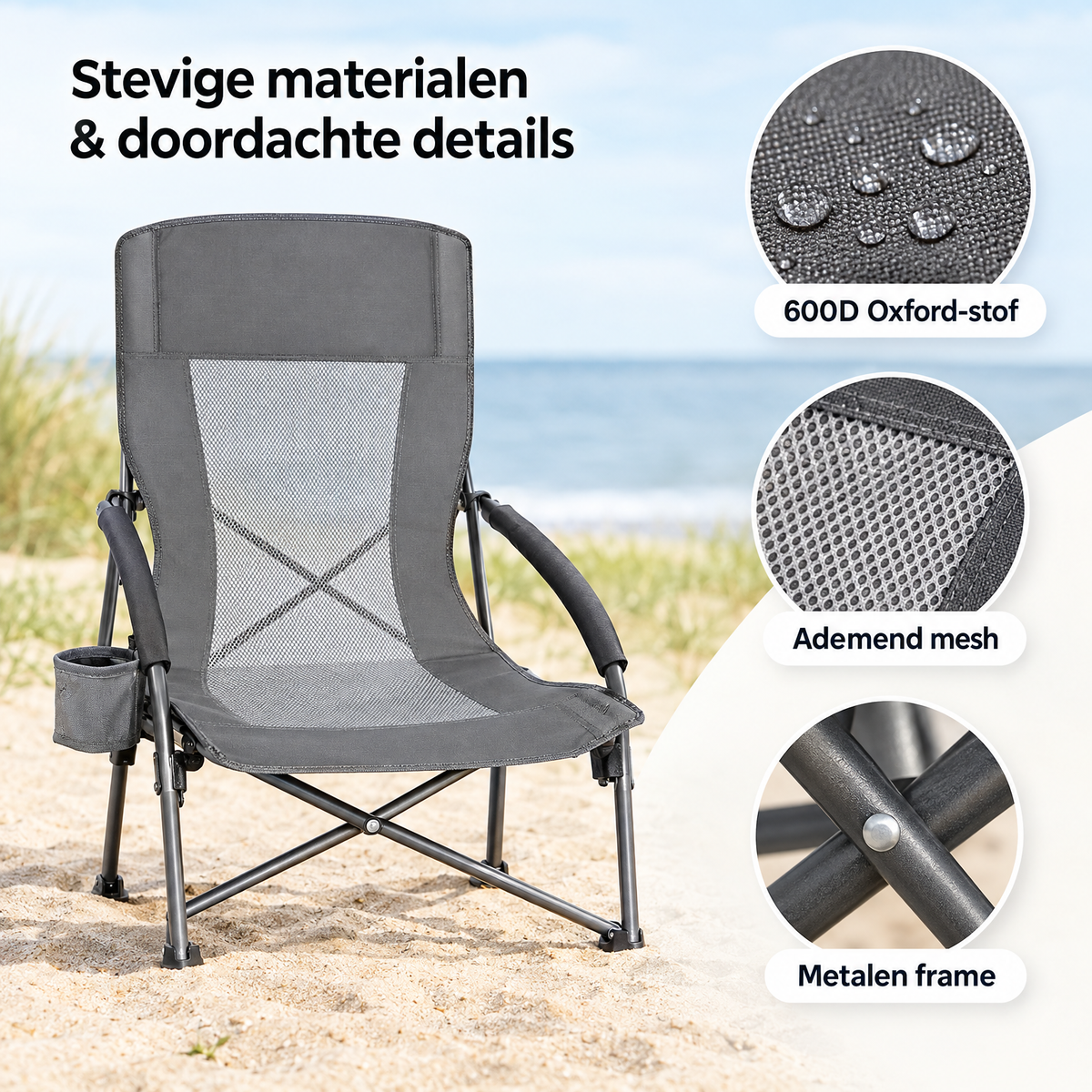Opvouwbare strandstoel van BukkitBow met bekerhouder, draagtas en lichtgewicht ontwerp, geschikt voor ontspanning op het strand.