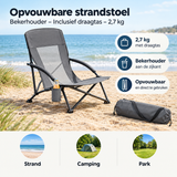 Opvouwbare BukkitBow strandstoel met bekerhouder en draagtas, lichtgewicht van 2,7 kg, ideaal voor het strand.