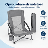 Opvouwbare BukkitBow strandstoel met bekerhouder en draagtas, lichtgewicht van 2,7 kg, ideaal voor strand en buitengebruik.