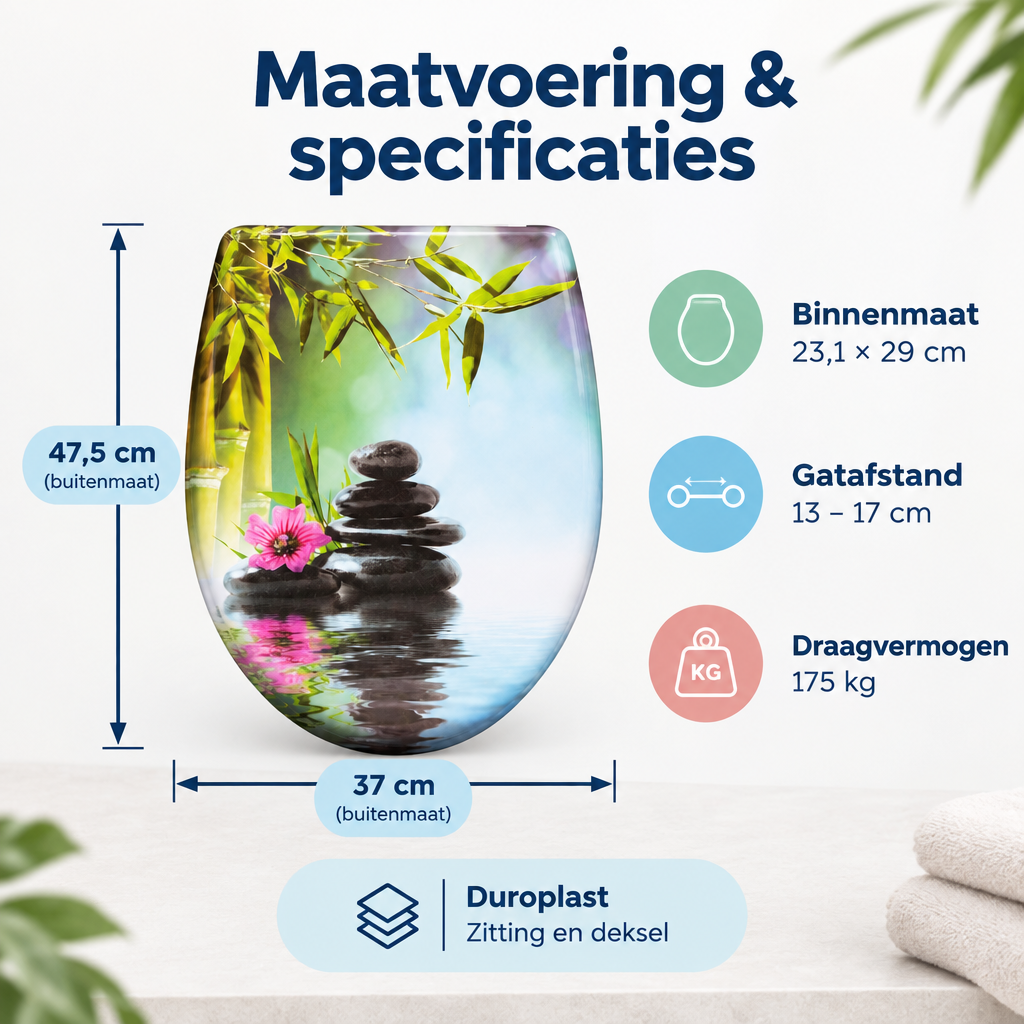 Afmetingen en productspecificaties van ovale toiletbril met print