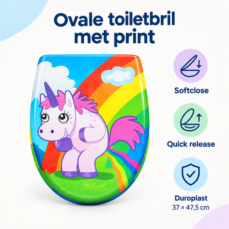 Ovale toiletbril van BukkitBow met print, softclose en quick release, gemaakt van Duroplast, 37 x 47,5 cm, overzicht van voordelen