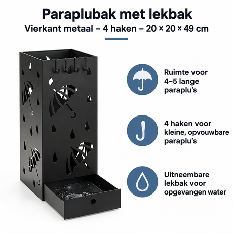 Vierkante metalen paraplubak met lekbak en 4 haken, afmetingen 20x20x49 cm, geschikt voor natte paraplu's.