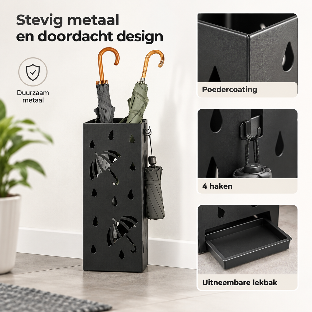 Detail van materiaal en afwerking van paraplubak met lekbak