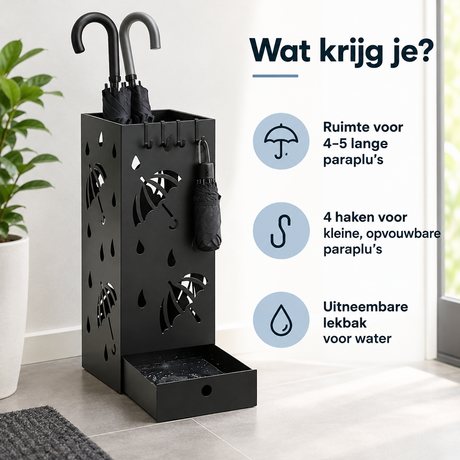 Vierkante metalen paraplubak met lekbak en 4 haken, 20x20x49 cm, stevig en praktisch voor in de hal of bij de deur.