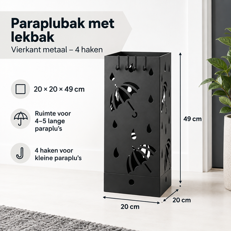 Vierkante metalen paraplubak met lekbak en 4 haken, afmetingen 20x20x49 cm, geschikt voor het opbergen van paraplu's.