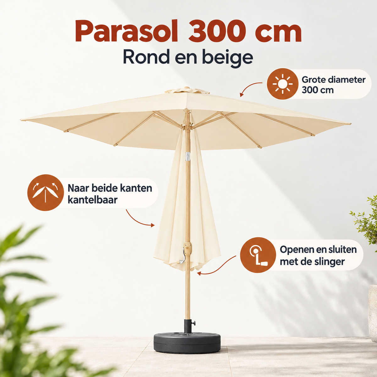 Rond beige stokparasol van BukkitBow, 300 cm doorsnede, kantelbaar naar beide kanten, met slinger voor zonwering.