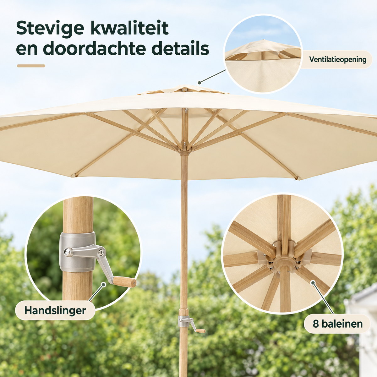 Rond beige stokparasol van BukkitBow, 300 cm, kantelbaar naar beide kanten met slinger, weerbestendig materiaal.