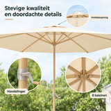 Rond beige stokparasol van BukkitBow, 300 cm, kantelbaar naar beide kanten met slinger, weerbestendig materiaal.