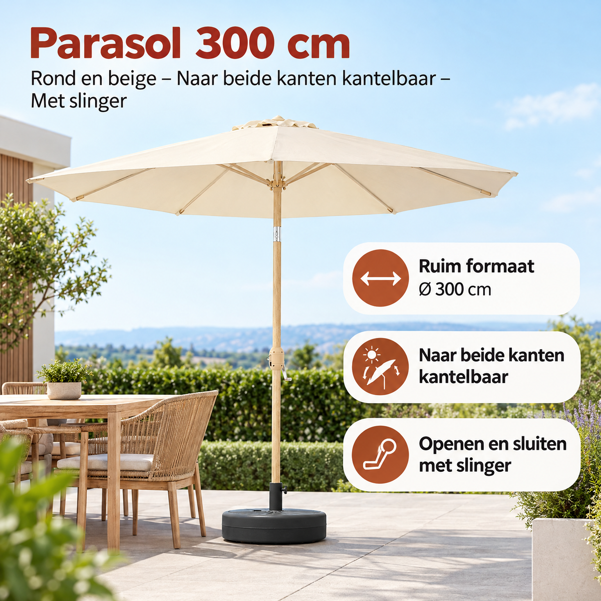 Ronde beige stokparasol van 300 cm met kantelbare werking en slinger, ideaal voor schaduw bij buitenactiviteiten.