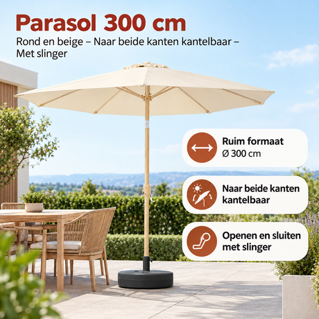 Ronde beige stokparasol van 300 cm met kantelbare werking en slinger, ideaal voor schaduw bij buitenactiviteiten.