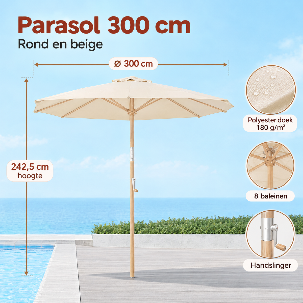 Ronde beige stokparasol van 300 cm met kantelbare functies en slinger, geschikt voor buitengebruik, van BukkitBow
